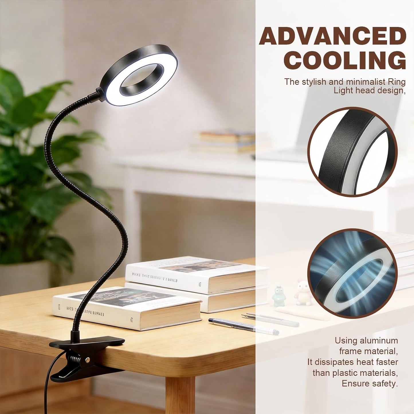 LED Desk Lamp with Clamp, Clip on Book Light for Reading | 48 LED,3 Colors & 10 Brightness, Aluminum 15" Gooseneck, Clamp Lamp, for Bed Headboard, Home Office, Dorm, Crafting