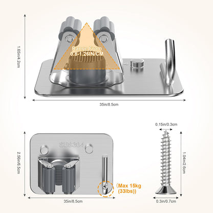 4 Pack Stainless Steel Mop and Broom Holder Wall Mount with Hook, Silver | Screw Drilling or Self Adhesive Storage Rack for Closet Laundry Garage Garden Tool Organizer