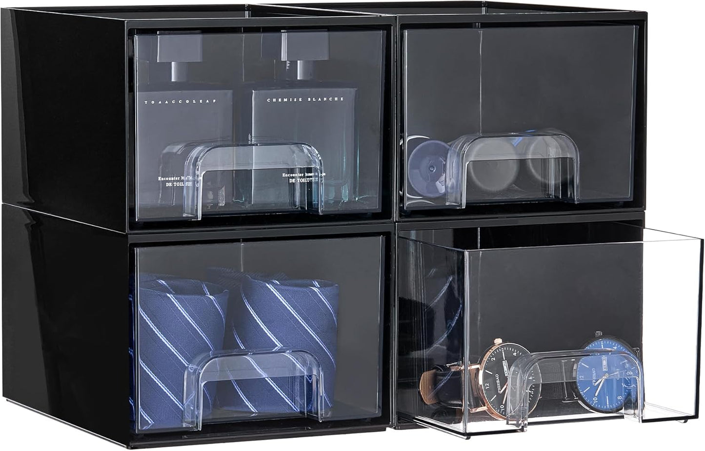 Vtopmart 4 Pack Small Clear Stackable Storage Drawers, Fits Narrow Spaces | Multi-Use Plastic Bins for Bathroom Cabinet Organizer, Makeup, Desk, Vanity, Undersink, Medicine ,Keeps Small Items Organized