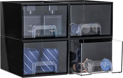 Vtopmart 4 Pack Small Clear Stackable Storage Drawers, Fits Narrow Spaces | Multi-Use Plastic Bins for Bathroom Cabinet Organizer, Makeup, Desk, Vanity, Undersink, Medicine ,Keeps Small Items Organized