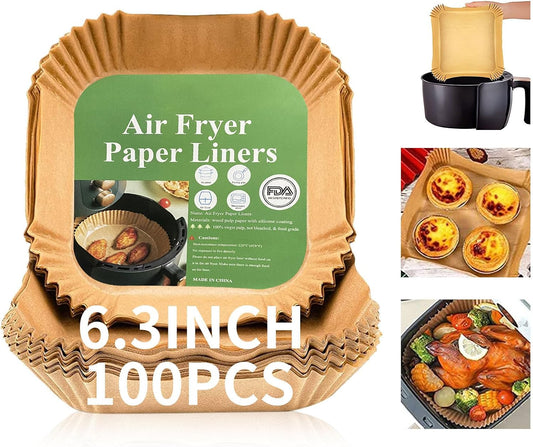 Air Fryer Liners Disposable Paper,100Pcs Parchment Paper Liners,Non Stick Airfryer Paper Liners,Food Grade Air Fryer Accessories WaterProof OilProof for Microwave Oven Steamer 6.3inch Square