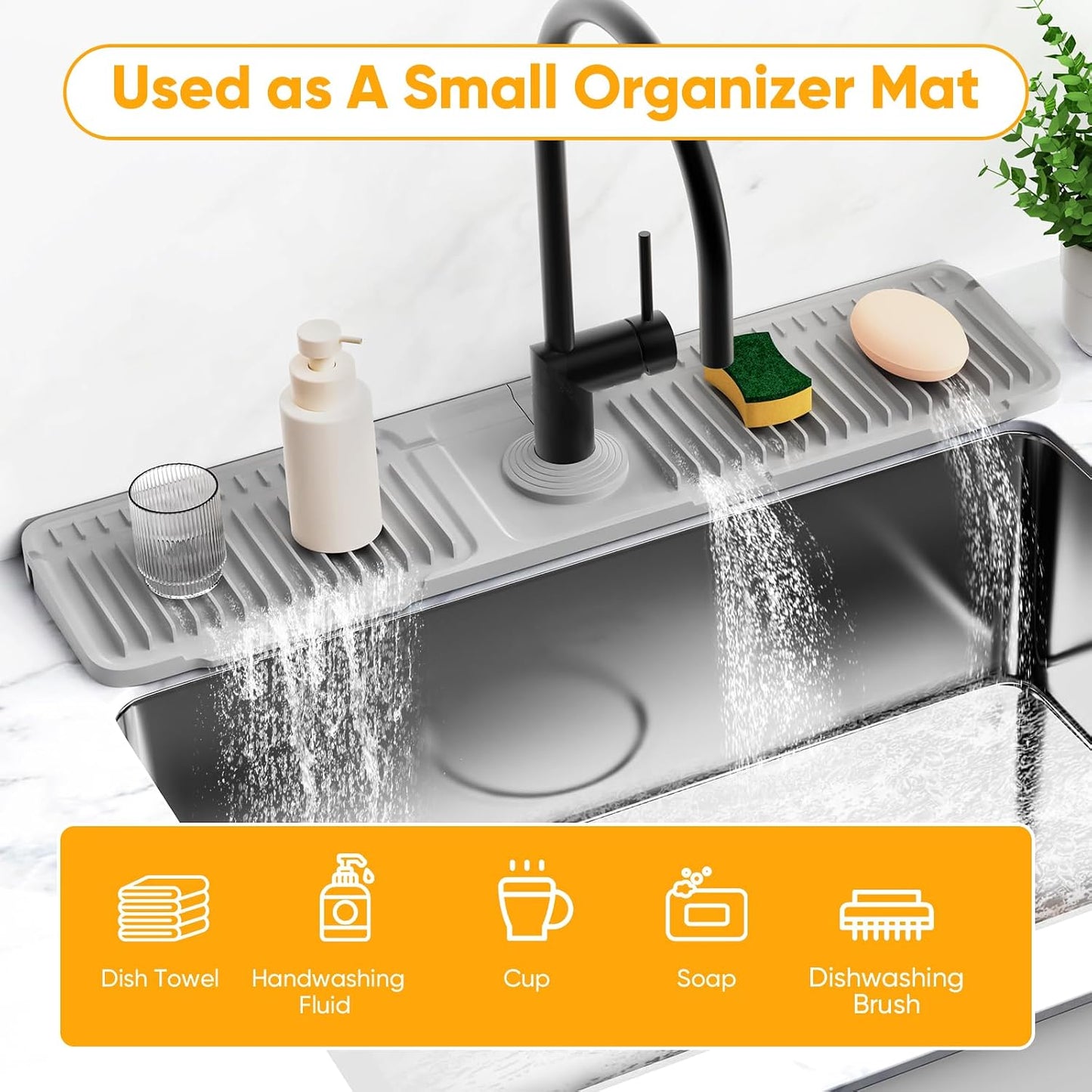 24'' Longer Faucet Mat for Kitchen Sink Splash Guard[7° Slope Fast Self-draining][Snap Lock Fit]Kitchen Sink Faucet Mat Splash Guard Kitchen Sink Area Water Splash Guard Behind Faucet Draining Mat