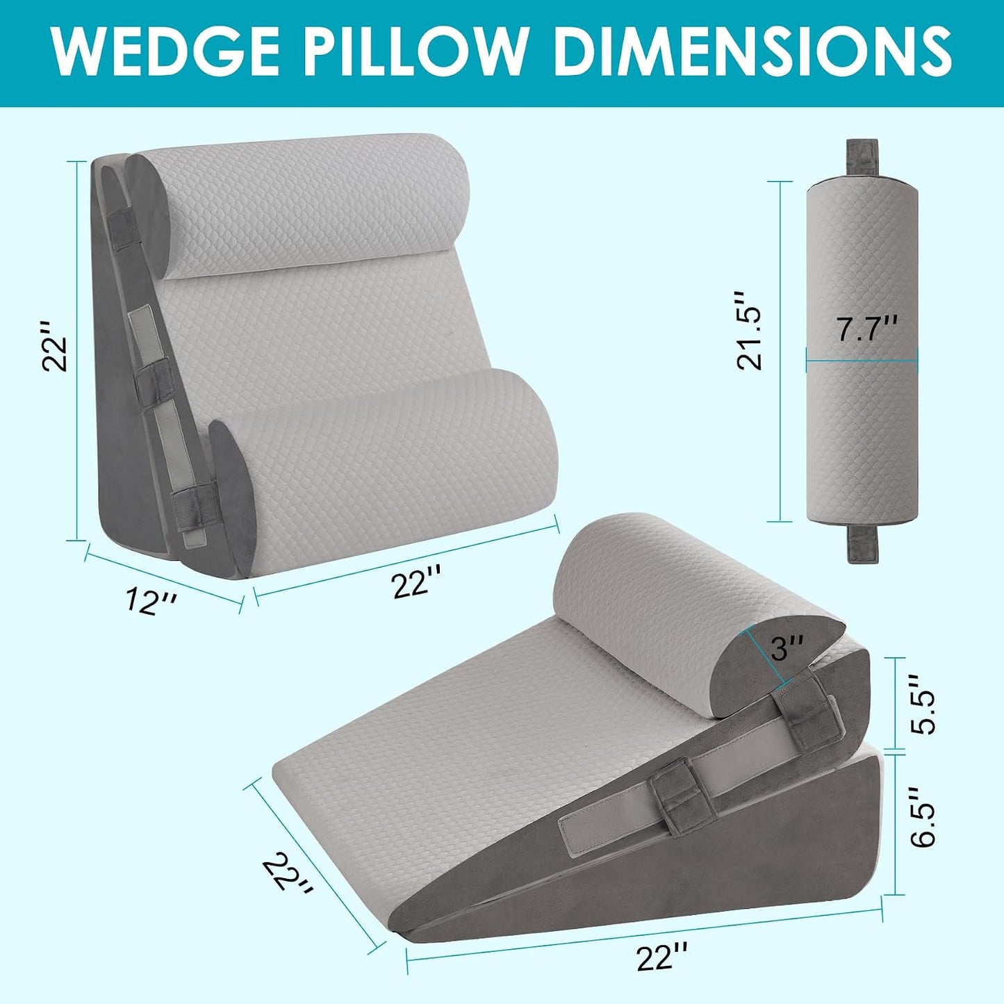 3Pcs Wedge Pillow Set for After Surgery,Acid Reflux Relief, Adjustable Bed Wedge Pillows for Sleeping,Anti Snore, Memory Foam Triangle Pillow for Back&Neck&Shoulder Pain Relief, White&Grey