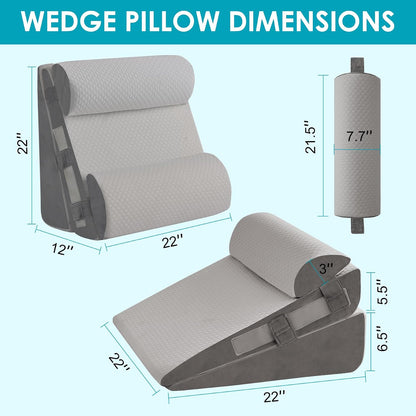 3Pcs Wedge Pillow Set for After Surgery,Acid Reflux Relief, Adjustable Bed Wedge Pillows for Sleeping,Anti Snore, Memory Foam Triangle Pillow for Back&Neck&Shoulder Pain Relief, White&Grey
