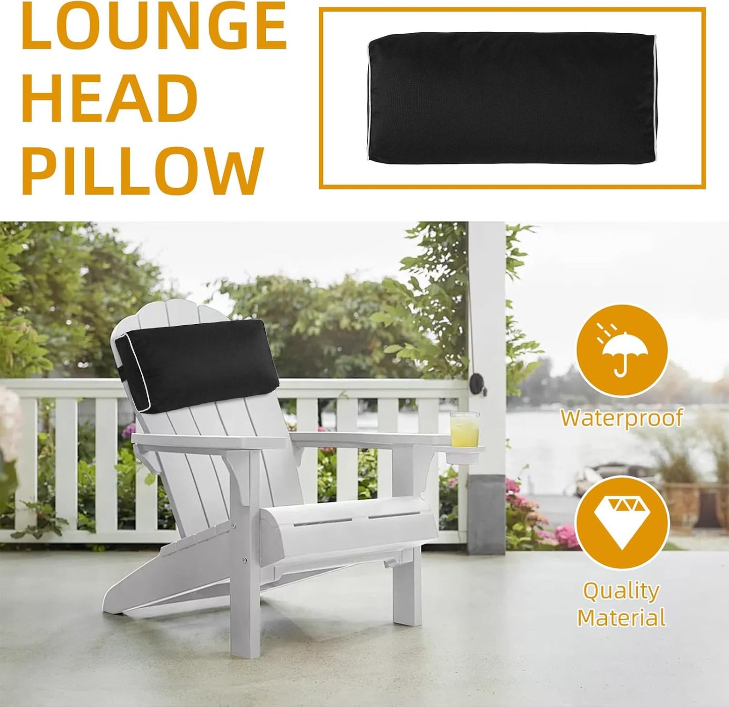 2 Pack Outdoor Chaise Lounge Head Pillow, Patio Pool Chair Pillows Water Resistant Headrest Pillow Lumbar Pillows with Insert and Adjustable Elastic Strap for Recliner Beach Chair, Dark Gray