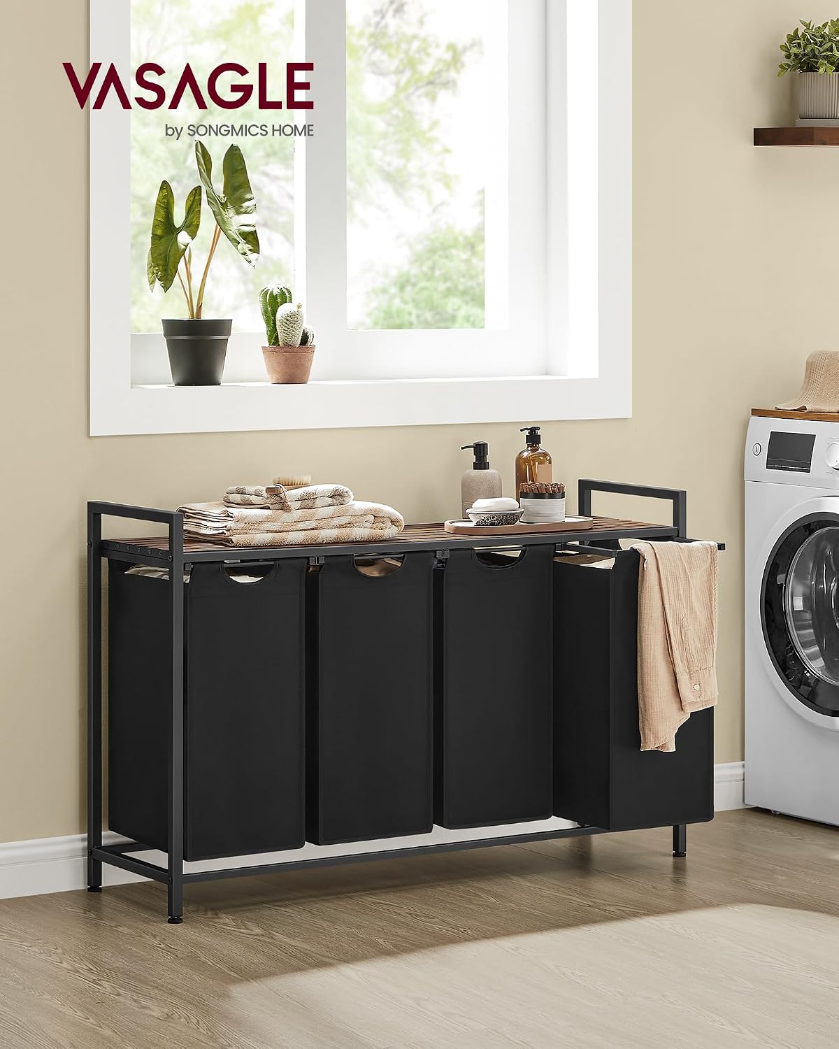 VASAGLE Laundry Hamper, Laundry Basket Sorter with 3 Pull-Out and Removable Bags, Shelf, Metal Frame, 3 x 10.6 Gallons (40 L), 36.4 x 13 x 28.4 Inches, Cappuccino Beige and Natural Beige UBLH301LH01