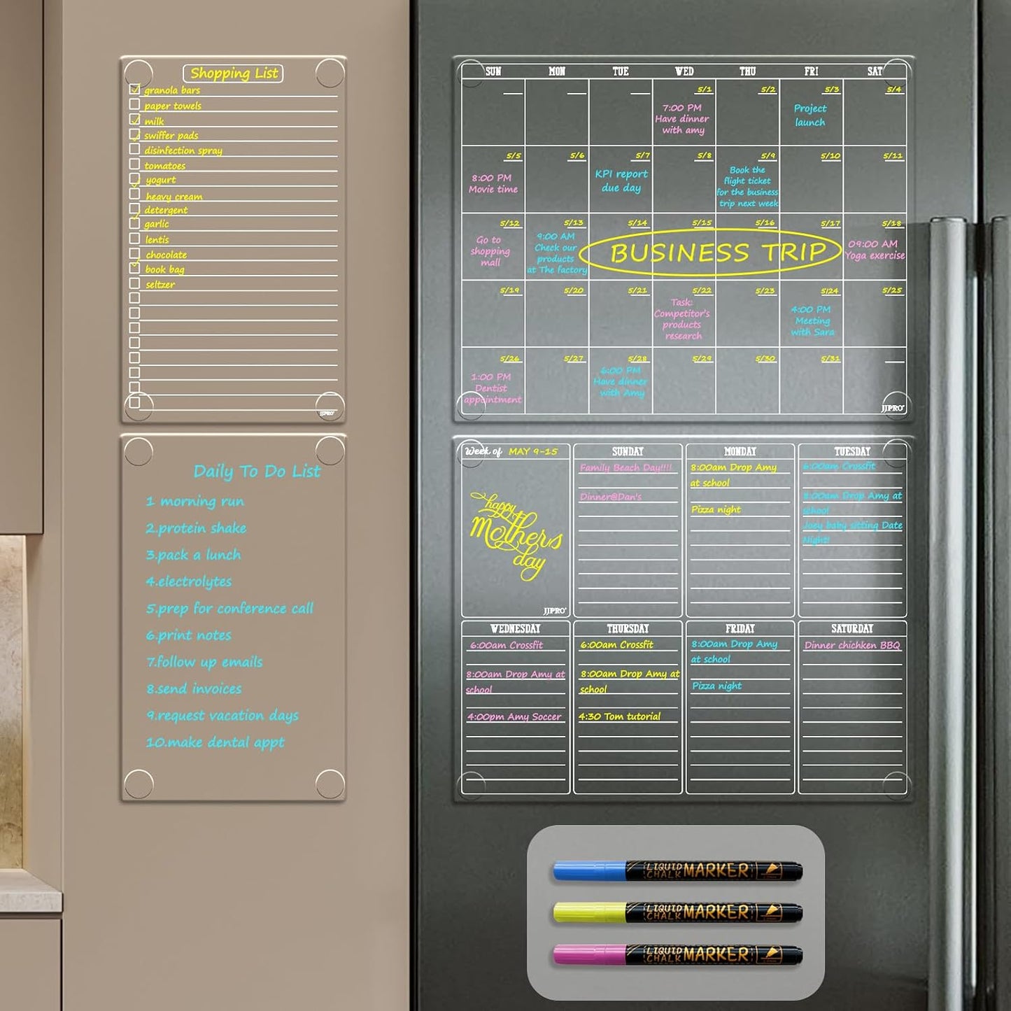 JJPRO Non-Magnetic Dry Erase Calendar for Fridge, Monthly Calendar, Weekly Planning Board Bundle for All Smooth Surfaces. Clear Reusable Calendar Stick to Fridge,Cabinet,Door&Glass
