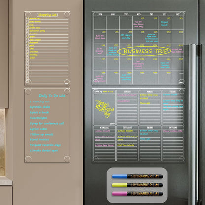 JJPRO Non-Magnetic Dry Erase Calendar for Fridge, Monthly Calendar, Weekly Planning Board Bundle for All Smooth Surfaces. Clear Reusable Calendar Stick to Fridge,Cabinet,Door&Glass