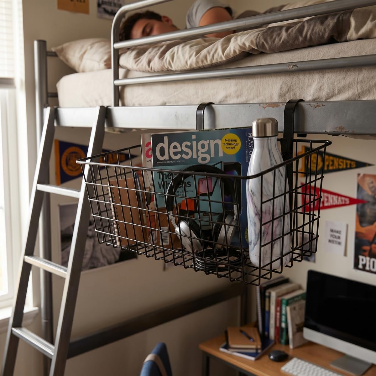2 Pack Metal Hanging Bedside Basket for Bunk Beds & Collage Dorms - Cabinet Wire Organizer for Storage, Multi-Use Large Organizing Caddy for Bedroom, Office (Black/Large)