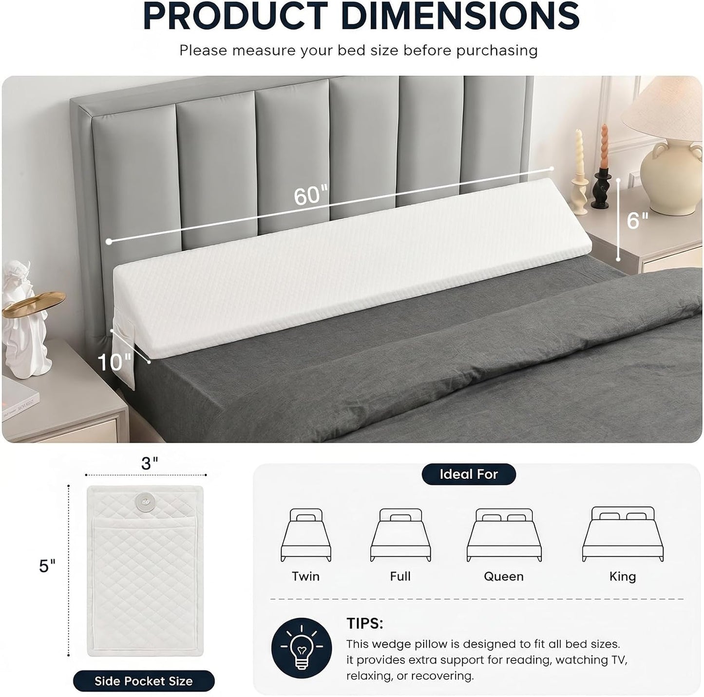 King Size Bed Wedge Pillow for Headboard/Gap Filler Prevent Things Drop | Long Triangle Edge Corner Pillow for Bed Gap Filler King Couch Apartment Home Essentials, Dense Foam, Pockets,10x6x76in Black