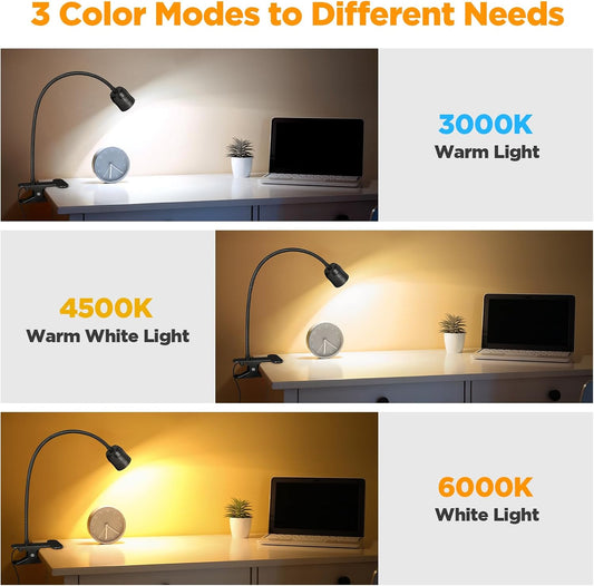 Clip on Light - Dimmable Reading Lights for Bed with 3 Color Modes & 10 Brightness & 15°- 80° Adjustable Angle, 360° Gooseneck USB LED Book Lamp with Clamp for Study Headboard Dorm