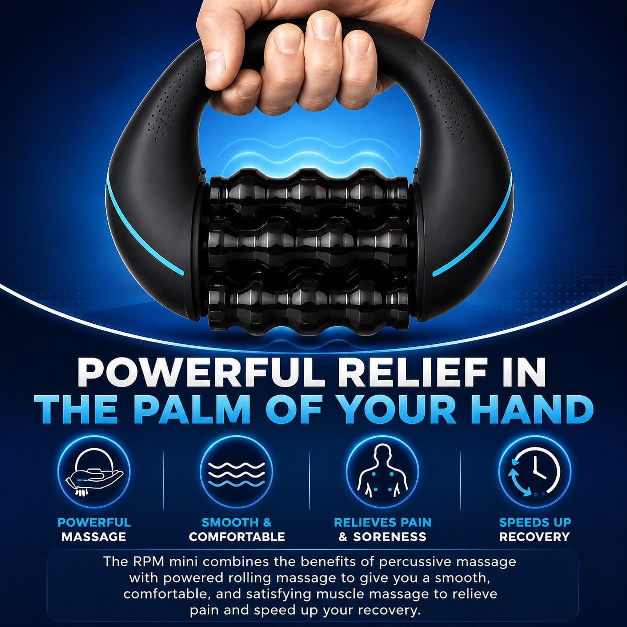 Electric Muscle Roller, Deep Tissue Percussive Electric Massager for Post-Workout & Muscle Recovery, Handheld Tool with 3-Speed Motor, 6 Heads & 24 Massage Points