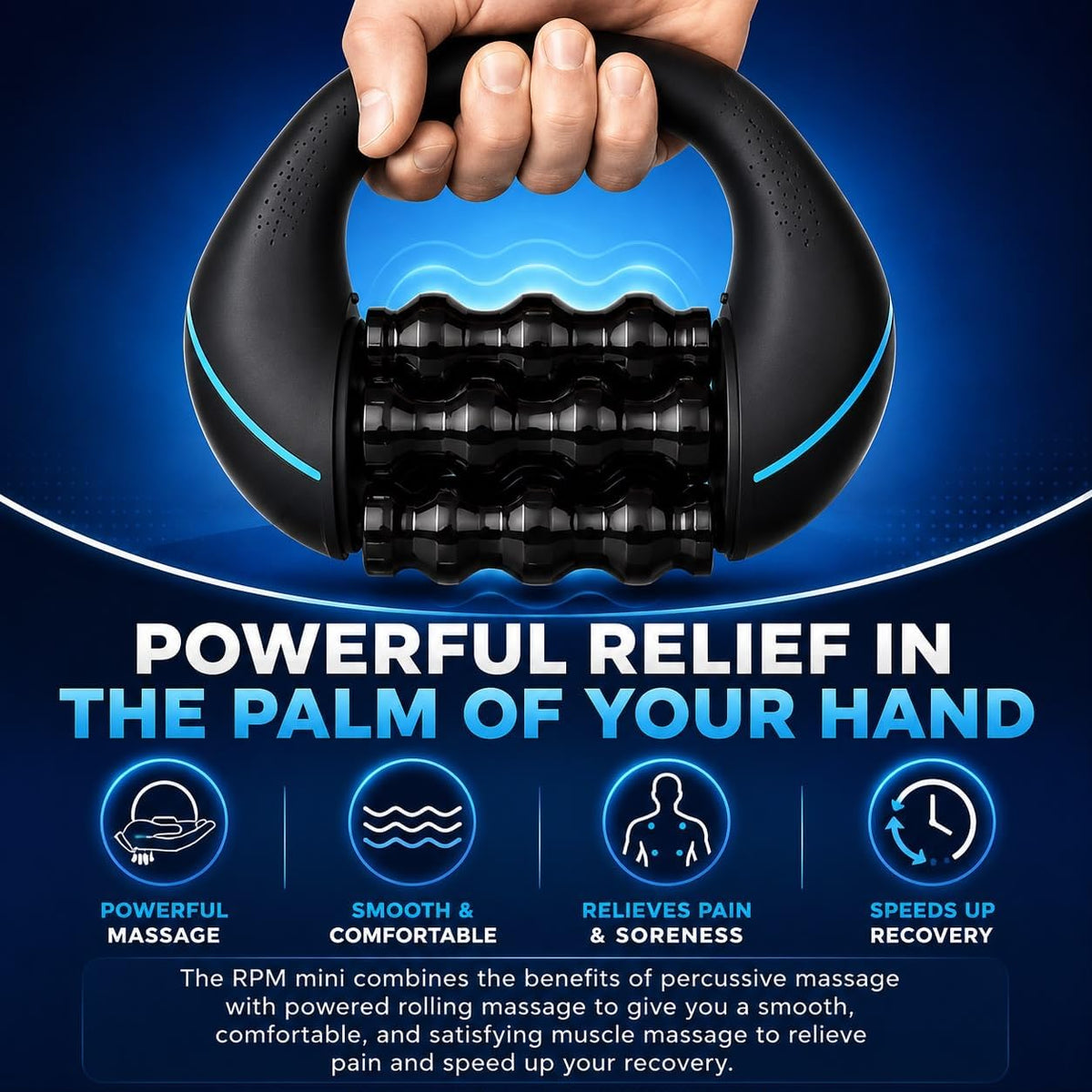 Electric Muscle Roller, Deep Tissue Percussive Electric Massager for Post-Workout & Muscle Recovery, Handheld Tool with 3-Speed Motor, 6 Heads & 24 Massage Points