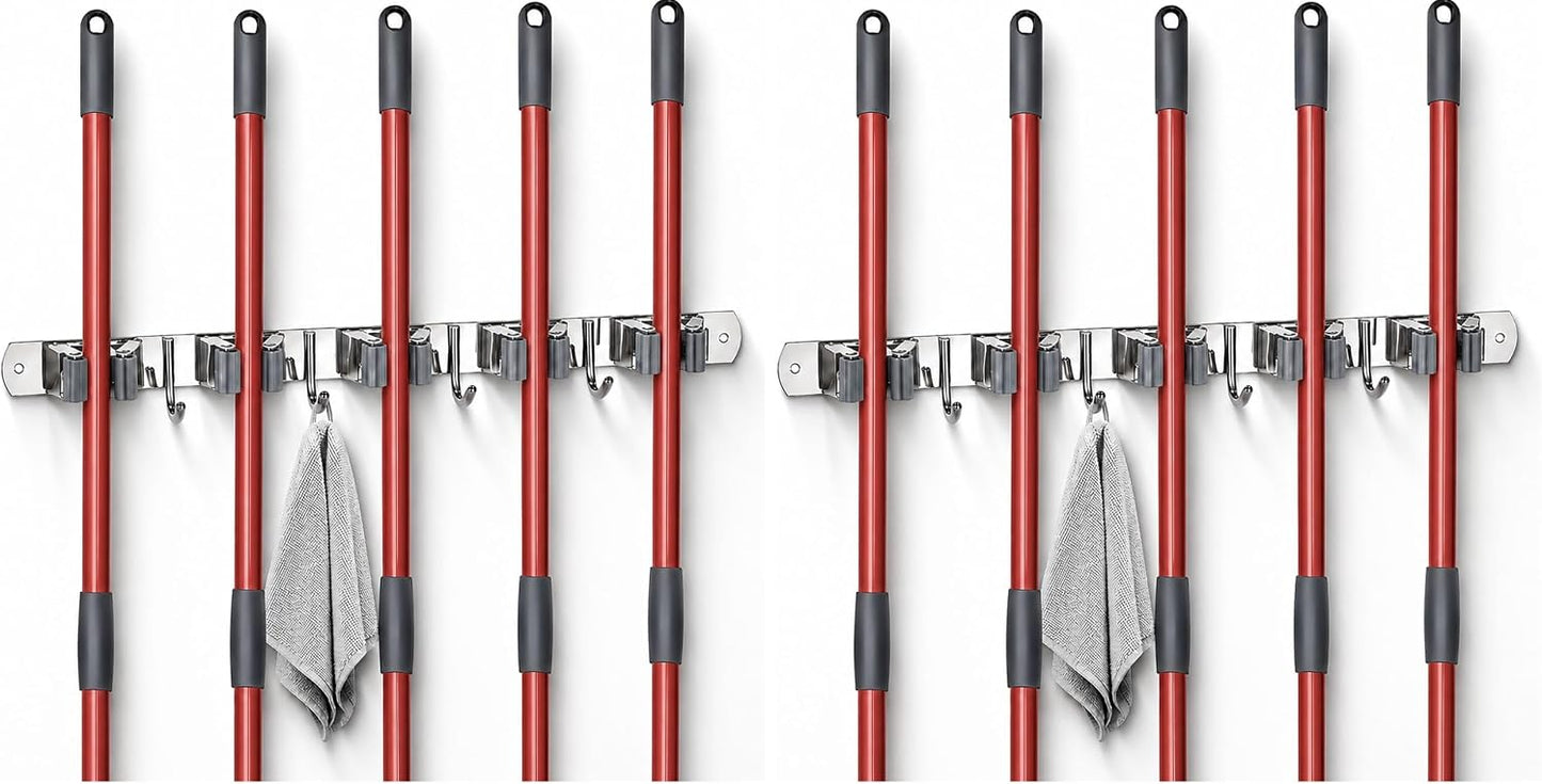 voze 5 Racks and 4 Hooks Mop and Broom Holder Wall Mount, Self Adhesive Heavy Duty Broom Hanger Organizer Storage Tool Racks for Kitchen Garden Laundry Garage
