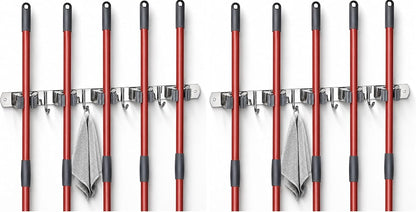 voze 5 Racks and 4 Hooks Mop and Broom Holder Wall Mount, Self Adhesive Heavy Duty Broom Hanger Organizer Storage Tool Racks for Kitchen Garden Laundry Garage