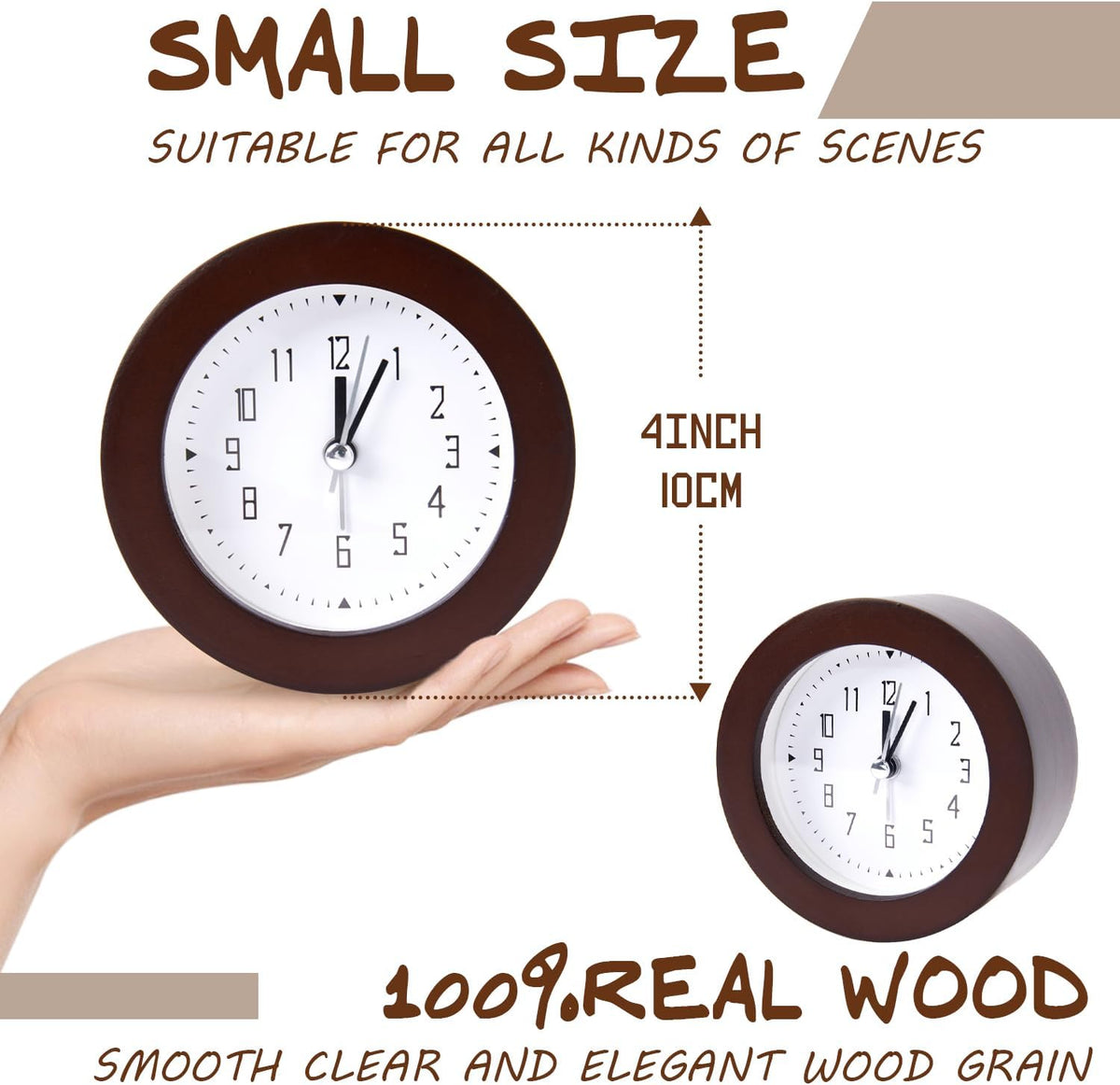 Wooden Analog Alarm Clock Silent Non-Ticking Desk Clock Battery Operated Table Clock with Nightlight for Bedroom,Children's Room, Living Room,Natural(4Inch)
