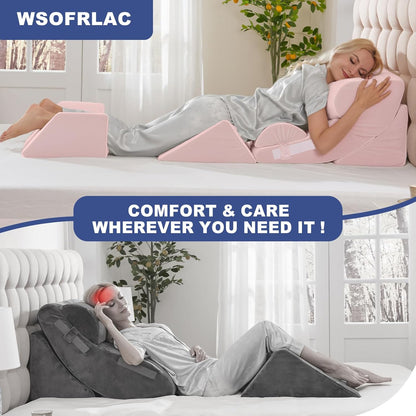 4PCS Orthopedic Bed Wedge Pillow Set for Sleeping, Post Surgery Foam Support Pillows for Back, Neck and Leg Pain Relief, Adjustable Triangle Pillow – Acid Reflux, GERD & Snoring Recovery, White Grey