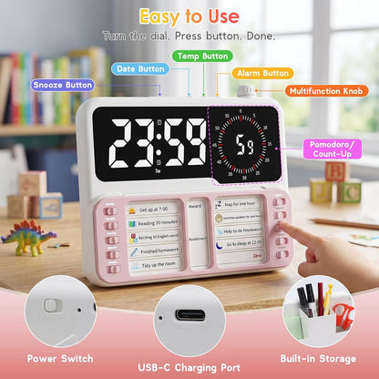 7-in-1 Visual ADHD Timer for Kids with Chore Chart Board, ADHD Tools Schedule for Kids with Autism, Alarm, Countdown, Date, Temperature, Storage, Daily Checklist for Home/School/Classroom/Desk(Pink)