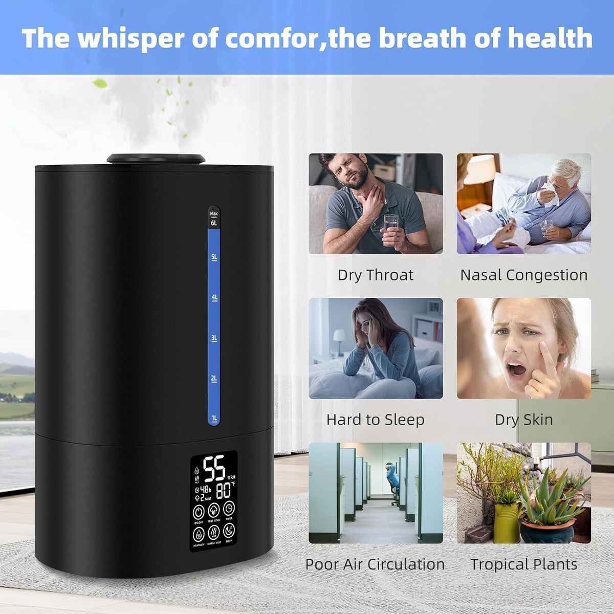 Coolfiqu 6L Warm & Cool Mist Humidifiers for Bedroom,Large Room,Plants