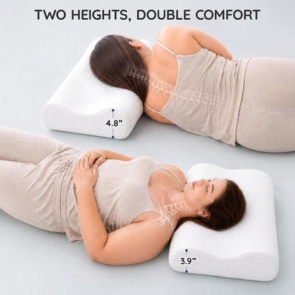 Contour Memory Foam Cervical Pillow for Neck Pain Relief, White | Orthopedic neck support | Standard size | side/back/stomach sleep | cervical alignment | two height choices | washable cover