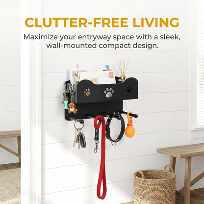 Dog Leash Holder for Wall, Dog Accessories Organizer with 4 Hook, Black Dog Leash Hanger with Shelf Storage, Metal Wall Mounted Key Holder for Pet Collar, Training Treats, Poop Bag, Home Decor