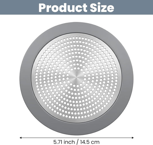 Flat Shower Drain Hair Catcher 5.7in Wide Round Hairs Stopper | Shower Drain Cover Sink Protector Filter for Showers Bathroom Pet Owners Homeowners Renters Stainless Steel & Silicone
