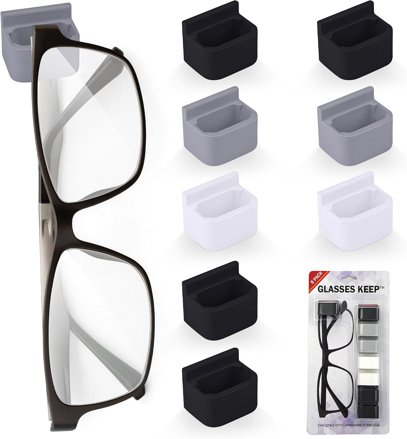 Glasses Keep Sunglass Organizer, Wall Mounted Eyeglass Holder, 6 Pack | Compact Sunglass Holder, Sunglass Hanger with Strong Adhesive Hold, Woodworking Shop & Dashboard Use, Prevent Misplacement
