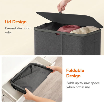 Lifewit 185L 3 Section Laundry Hamper with Lid, Laundry Basket, Beige | Large Foldable Laundry Sorter with 3 Removable Bags, Tall Clothes Hamper for Bedroom and Bathroom