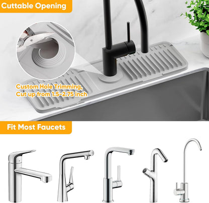 24'' Longer Faucet Mat for Kitchen Sink Splash Guard[7° Slope Fast Self-draining][Snap Lock Fit]Kitchen Sink Faucet Mat Splash Guard Kitchen Sink Area Water Splash Guard Behind Faucet Draining Mat