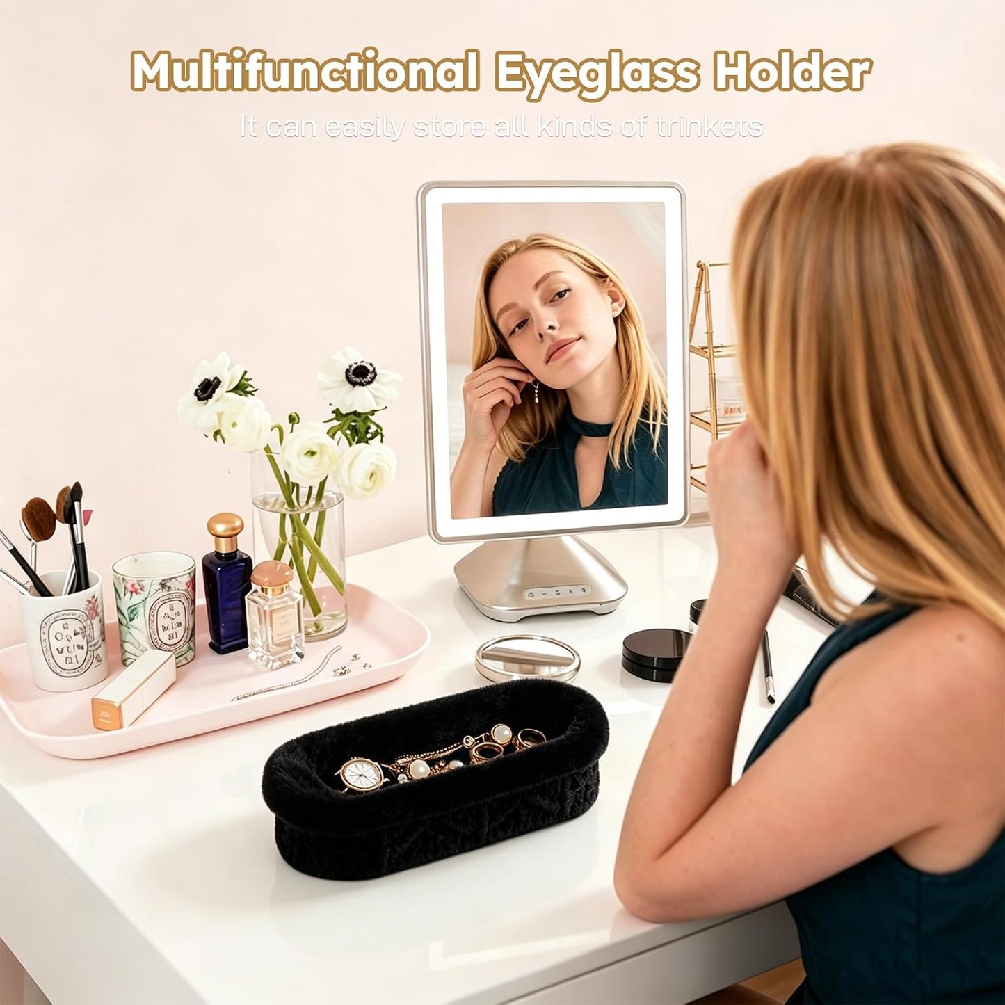 Glasses Holder, Anti-scratch Plush Lined Eyeglass Holder Stand | Oval Eye-glasses Storage Organizer Case for Nightstand, Office Desk, Bedside Table, Beige