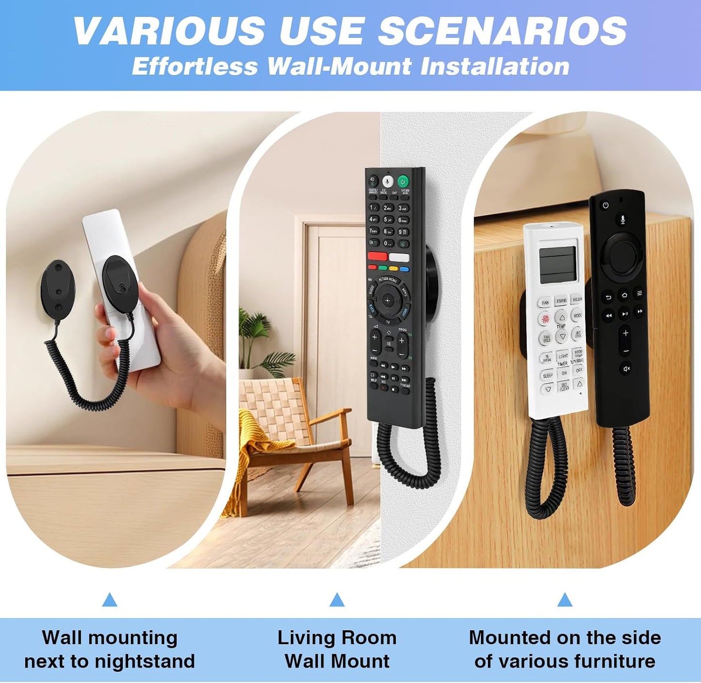 Magnetic Remote Control Holder and Remote Holder with Retractable Leash, Wall Mount for TV Remote, Couch and Bedside, No Drill Adhesive Pad, 2 Pack Black