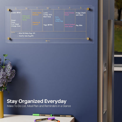 Yeoux Clear Glass Golden Weekly & Menu Dry Erase Calendar Board 15“x11 | Wall Mount, Non-Magnetic, Meal Planning & Grocery Shopping List Whiteboard for Kitchen & Home, 4 Markers