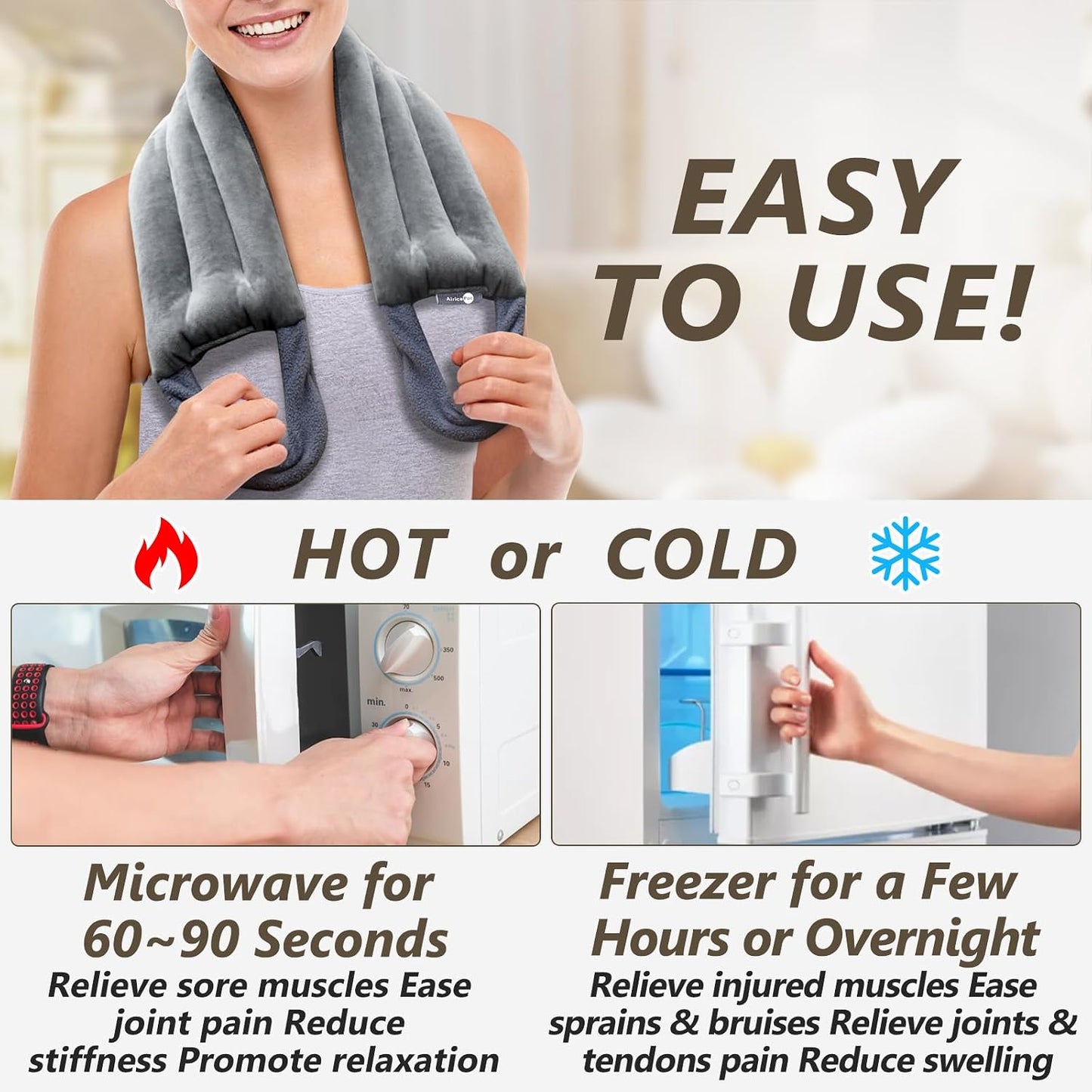 AiricePac Microwave Heating pad for Neck and Shoulders Back 33 * 5" microwavable Moist Heat Pack Warm hot Compress Neck wrap Weighted Rice Bean Bag Reusable Herbal Nature Calming Portable Grey