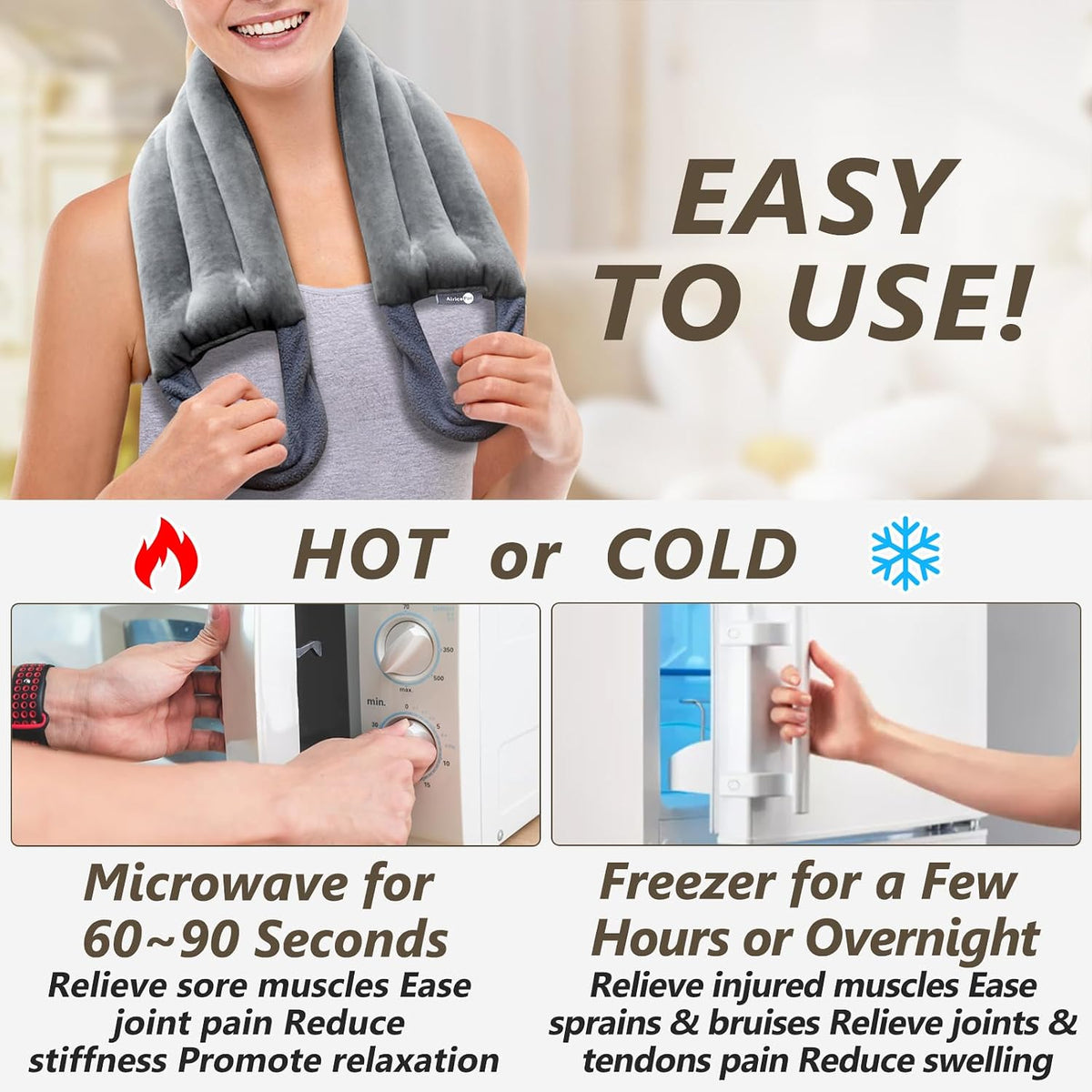 AiricePac Microwave Heating pad for Neck and Shoulders Back 33 * 5" microwavable Moist Heat Pack Warm hot Compress Neck wrap Weighted Rice Bean Bag Reusable Herbal Nature Calming Portable Grey