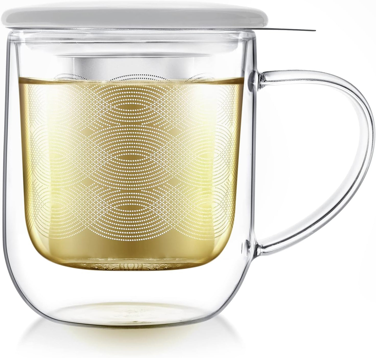 Teabloom Tea-For-One Steeping Mug – Insulated Double Wall Glass Mug (12 oz), Stainless Steel Infuser, Porcelain Lid/Coaster – Great For Brewing Loose Leaf Tea