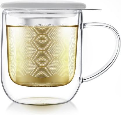 Teabloom Tea-For-One Steeping Mug – Insulated Double Wall Glass Mug (12 oz), Stainless Steel Infuser, Porcelain Lid/Coaster – Great For Brewing Loose Leaf Tea