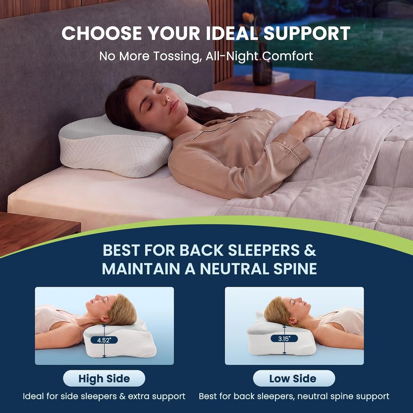 Sweetcrispy Cervical Pillow for Neck and Shoulder - Ergonomic Memory Foam Pillows, Contour Side Sleeper for Adults, Cooling Orthopedic Neck Support for Back Stomach Sleepers, White