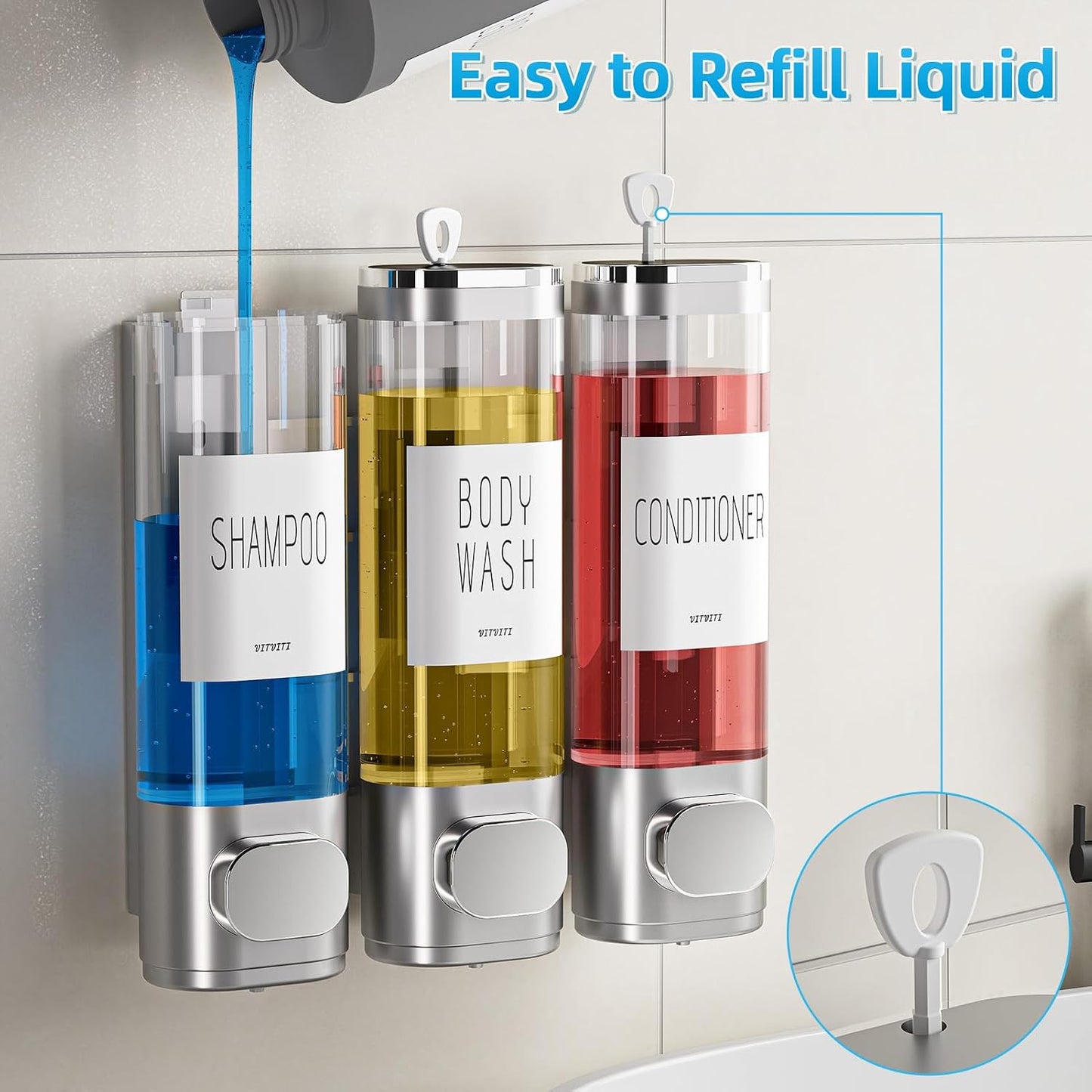 Shampoo and Conditioner Dispenser for Shower Wall Mount 3 Chamber, Black | Shower Soap Dispenser for Wall, 10.2 OZ Plastic Refillable Body Wash Bottles for Bathroom, No Drill Wall Mounted