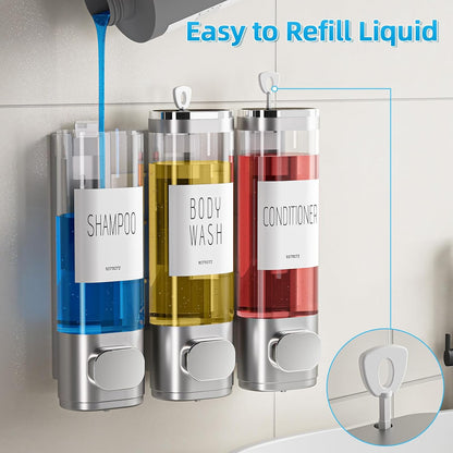 Shampoo and Conditioner Dispenser for Shower Wall Mount 3 Chamber, Black | Shower Soap Dispenser for Wall, 10.2 OZ Plastic Refillable Body Wash Bottles for Bathroom, No Drill Wall Mounted