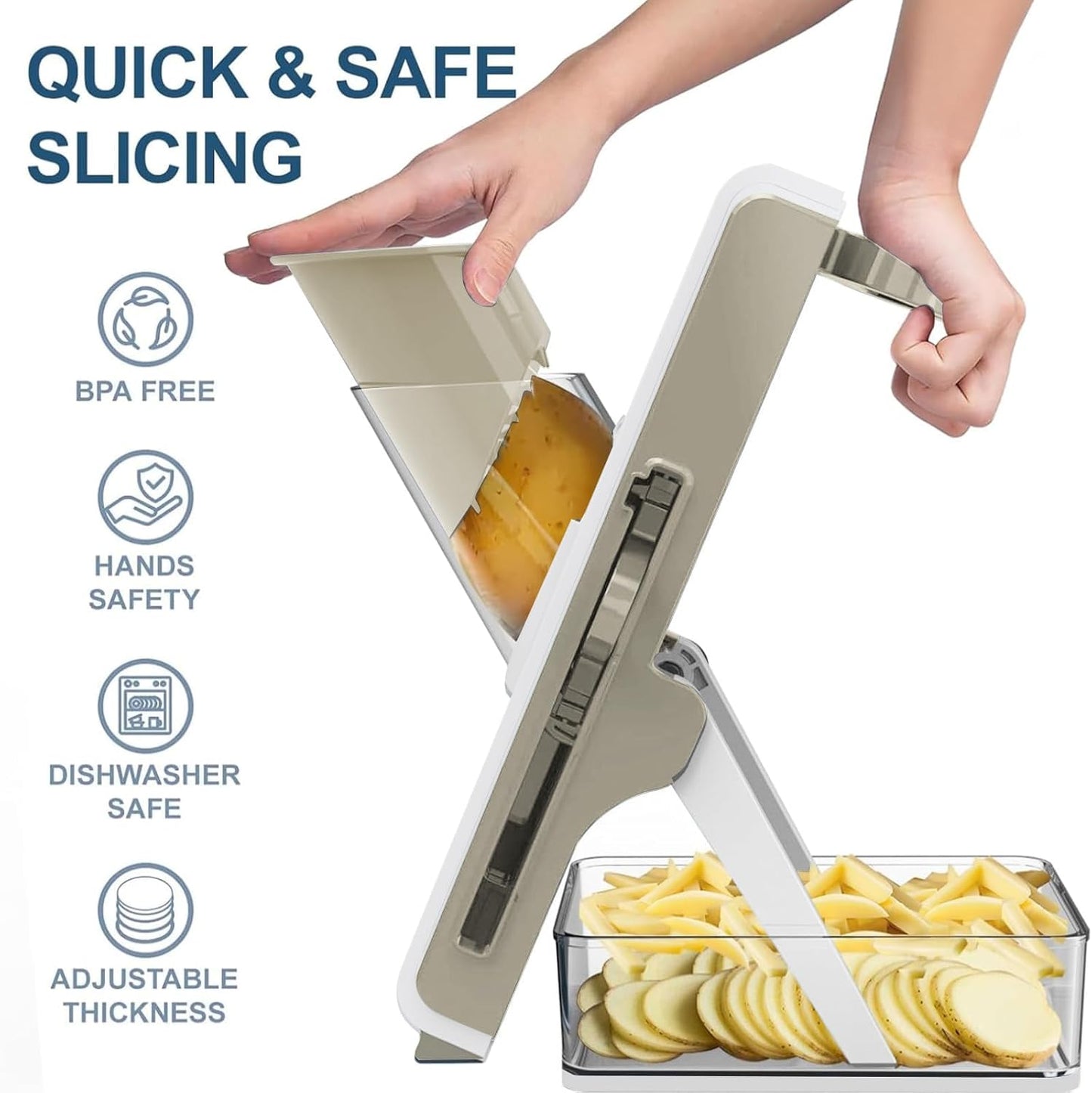 Eletronova Safe Mandoline Slicer for Kitchen, Vegetable Slicer with Container, French Fry Cutter, All in 1 Julienne Slicer for Potato, Thickness Adjustable, Detachable Blade (Green)
