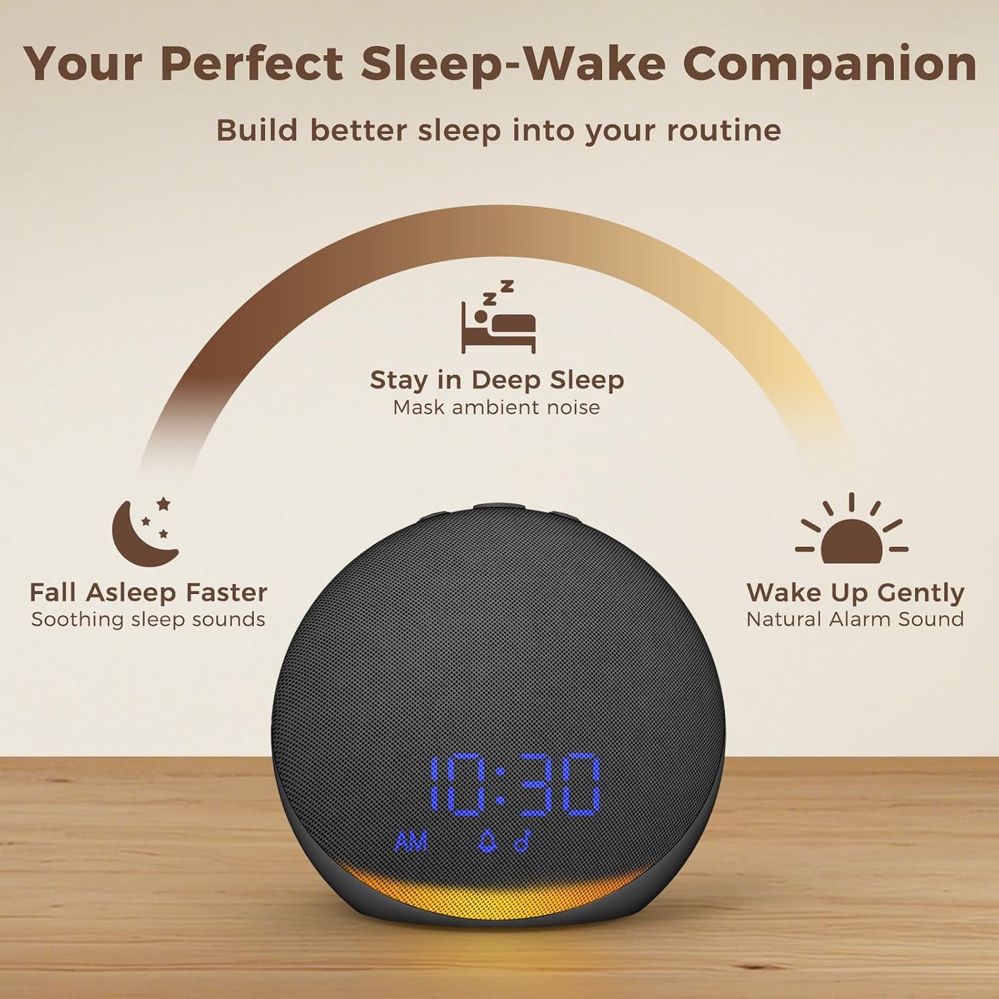 Sound Machine Alarm Clock for Bedroom: 25 Natural Sleep Sounds | White Noise Machine for Adults Kids Baby - Gentle Wake Up Alarm with Bluetooth Speaker - Putty