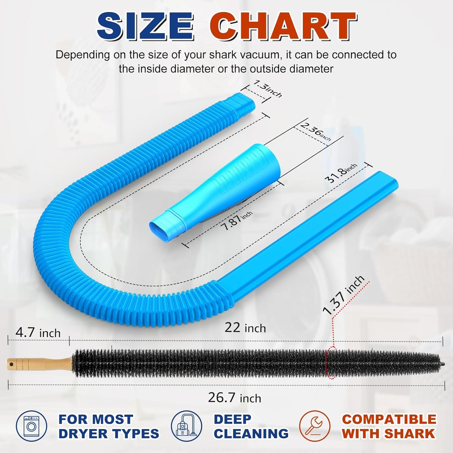 Sealegend 2 PCS Dryer Vent Cleaner Kit, Dryer Lint Vacuum Attachment&Brush | Blue Dryer Vent Vacuum Hose Dryer Lint Remover Brush for Dryer and Washer,Deep Traps Cleaning Tool Fits Most Vacuums