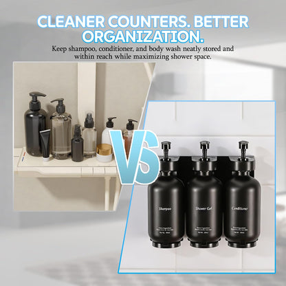 Shampoo and Conditioner Dispenser, Wall-Mounted 3-Bottle Set | 3 Refillable PET Bottles with Waterproof Labels, Adhesive and Screws for Bathrooms, Showers, Hotels, Vacation Rentals and RVs