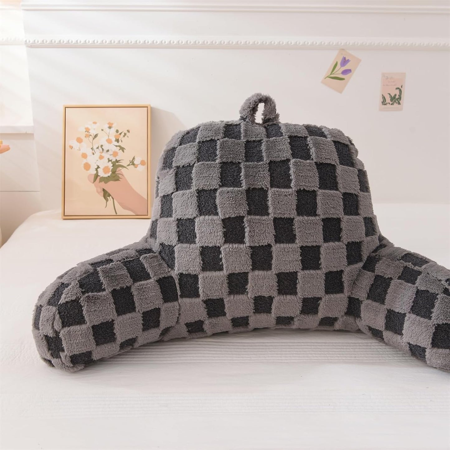 Aimuan Reading Pillow Checkered Bed Rest Wedge Backrest Checkerboard Pillow with Arms Back Support for Sitting Up in Bed Cushion Incline Rest Sleeping Snoring Pillow (Beige,Large)