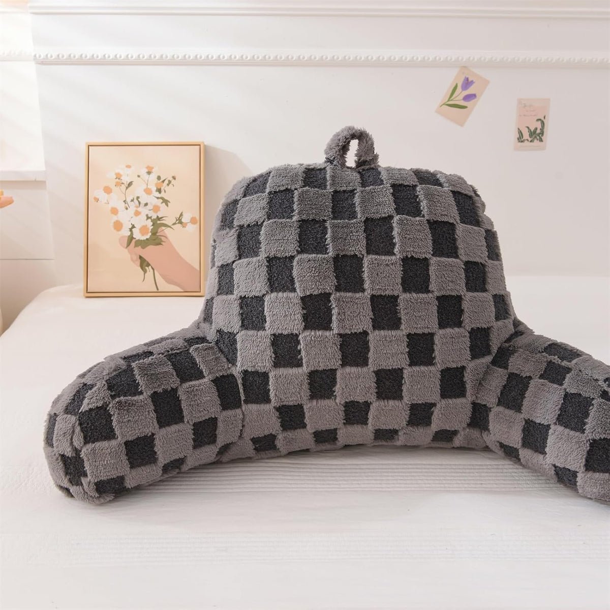 Aimuan Reading Pillow Checkered Bed Rest Wedge Backrest Checkerboard Pillow with Arms Back Support for Sitting Up in Bed Cushion Incline Rest Sleeping Snoring Pillow (Beige,Large)