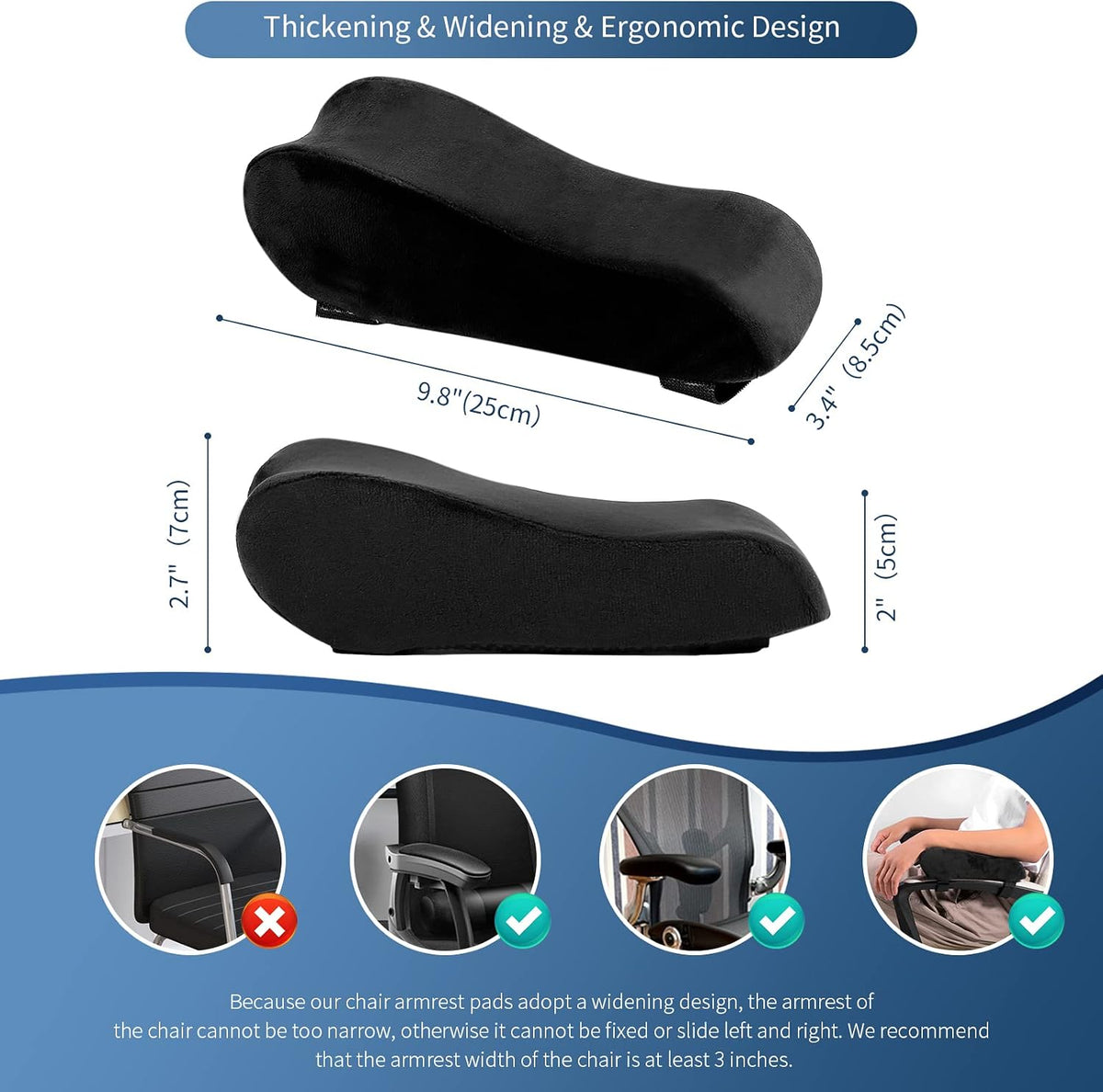 Chair Armrest Pads, Widen & Thicken Ergonomic Chair Arm Pads with Memory Foam for Office Chairs, Gaming Chair - for Elbows and Forearms Pressure Relief (2 Pack)