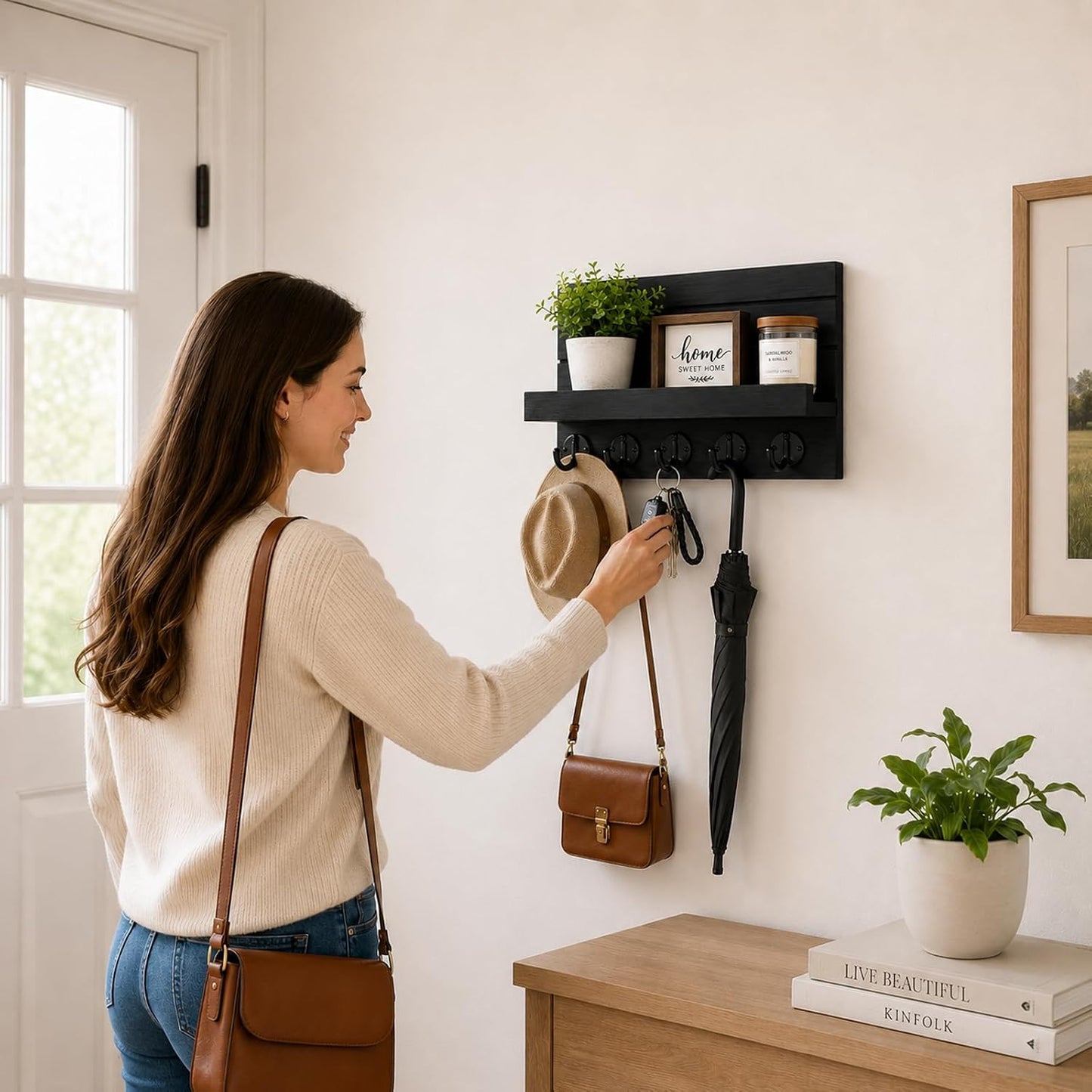 Key Holder for Wall, Decorative Key and Mail Holder, Key Holder Wall Mount with Shelf and Large Hooks, Easy Installation Key Rack for Entryway and Home Decor