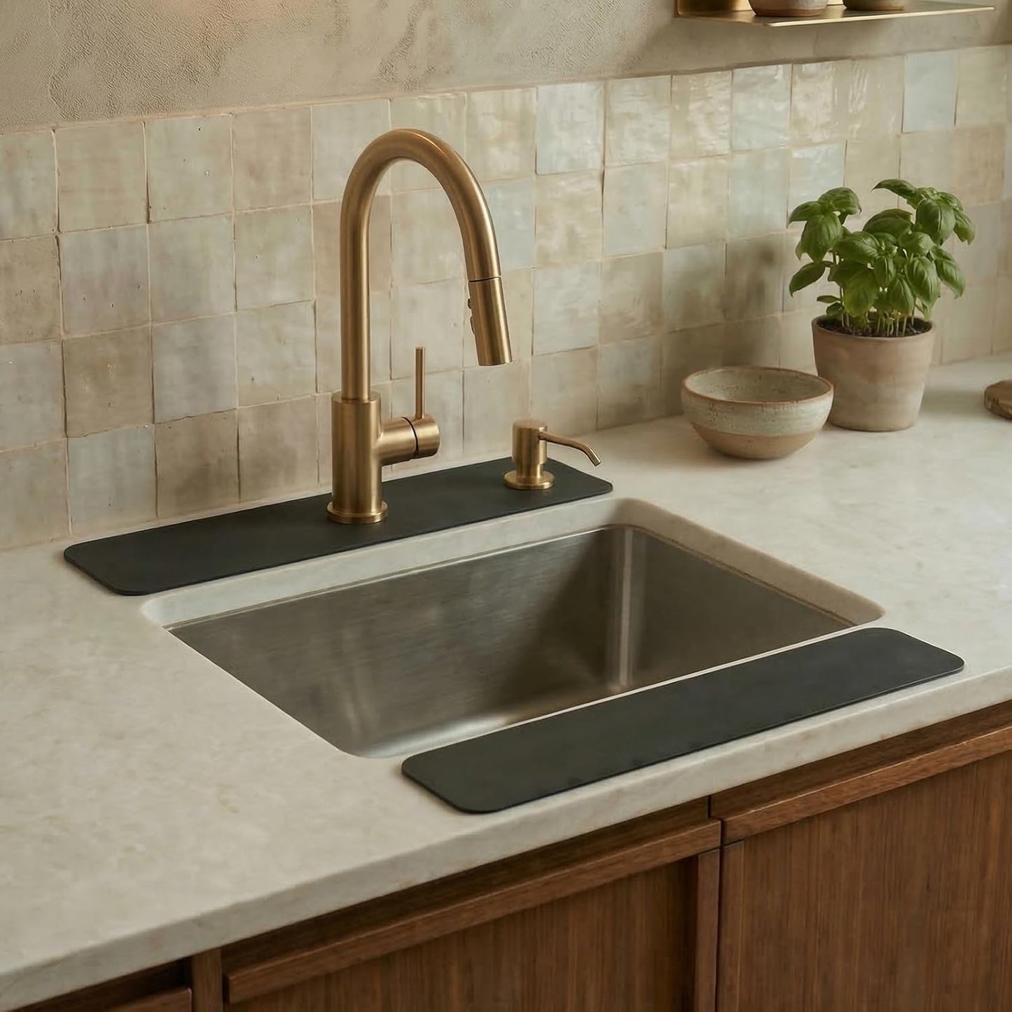 Customizable Kitchen Sink Faucet Mat: 30"Lx5.5"W Absorbent Splash Guard | Non-slip Fabric Rubber Mat, Cut to Fit Oval Rectangle Square Faucet & 2,3,4 Holes Irregular Sink with Soap Dispenser Air Gap
