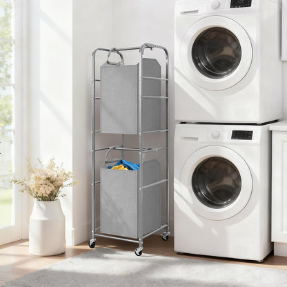 STORAGE MANIAC 2 Tier Vertical Laundry Hamper, 2 Section Laundry Sorter with 2 Removable Tote Bags, Rolling Clothes Basket for Towels, Blankets, Tall Dirty Clothes Hamper for Closet, 2 Bags Gray
