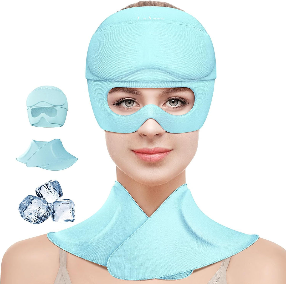 3 in 1 Migraine Relief Cap Neck Ice Pack Wrap Gel and Ice Eye Masks, Detachable Ice Caps with Eyes Masks, Hot and Cold Therapy for Relief of Headaches, Stiff Neck and Eye Fatigue (Purple)
